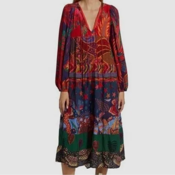 $225 Farm Rio Women's Red Mixed Prints Long Sleeve V-Neck Tunic Dress Size Small - Picture 1 of 4